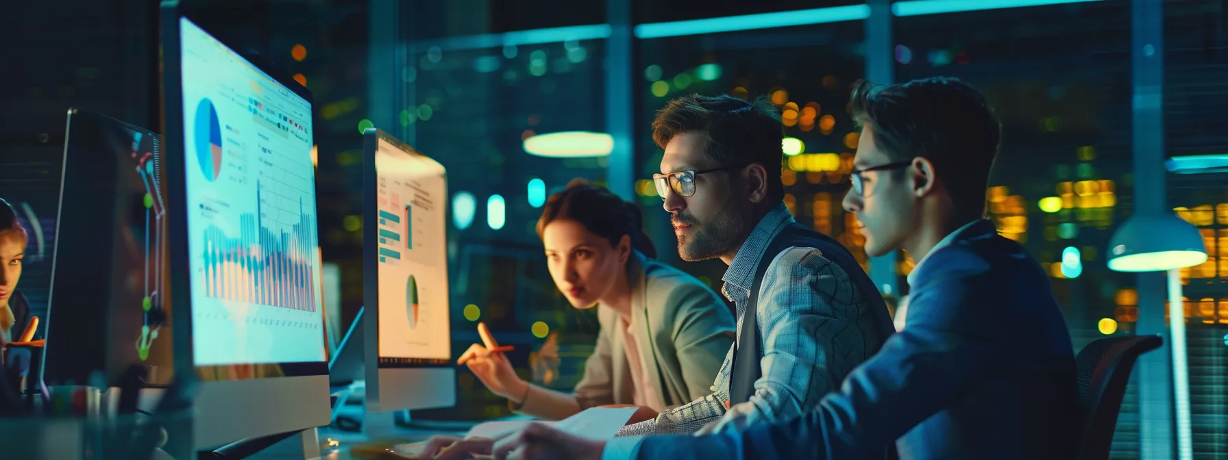 a group of business professionals analyzing data on a computer screen during a strategy meeting.
