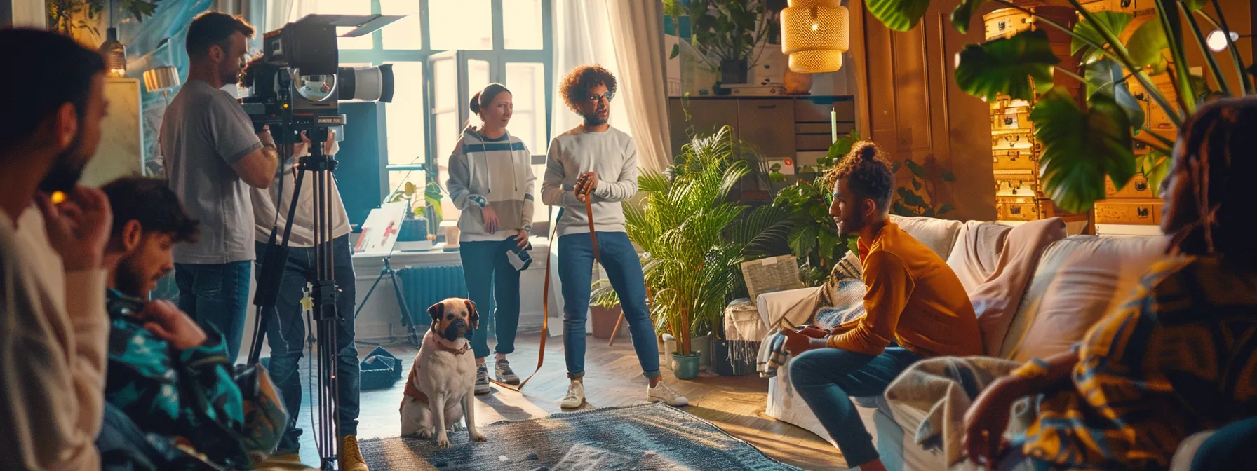 a group of people filming a video advertisement featuring a pet owner discussing pet obesity while surrounded by health-conscious individuals.