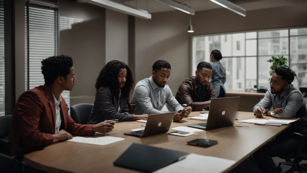 a group of professionals gathered around a conference table, discussing over laptops and documents.