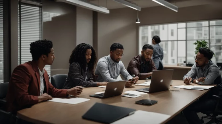 a group of professionals gathered around a conference table, discussing over laptops and documents.