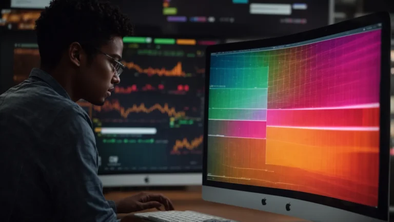 a person reviewing colorful heat maps on a computer screen, highlighting areas of a website with varying traffic and interaction levels.