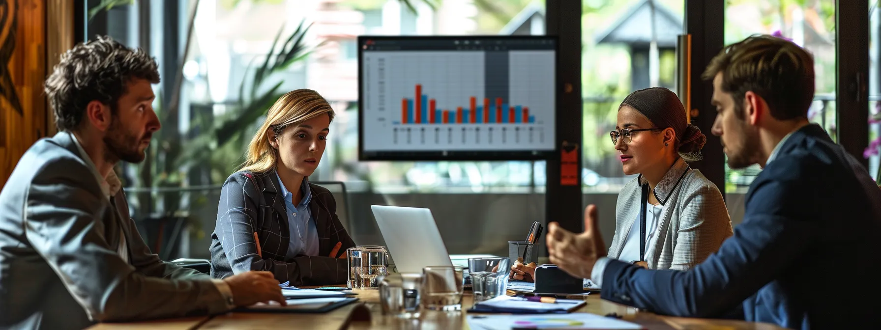 three business professionals sitting around a table, engaged in a discussion with charts and graphs related to morning complete and its value for money and product transparency.