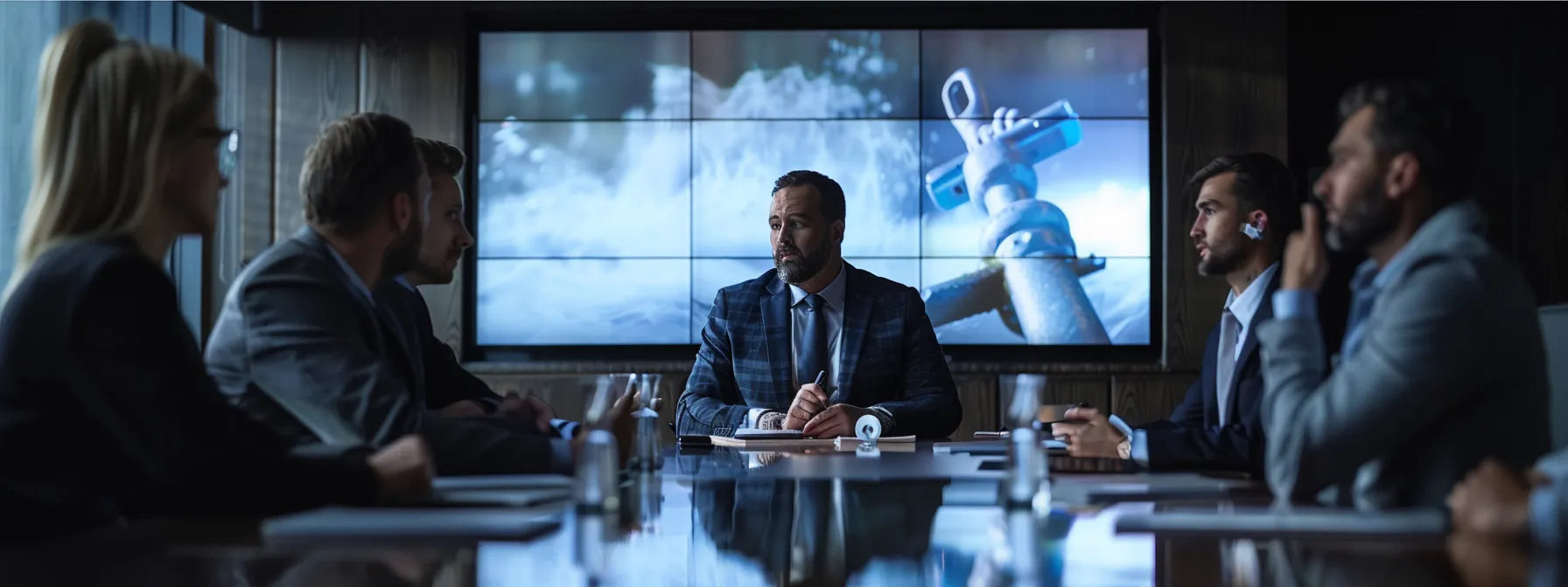 group of professionals discussing benefits of dog supplements around a table with a large anchor as the centerpiece.