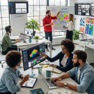 Diverse professionals collaborating on digital marketing strategies in a modern office