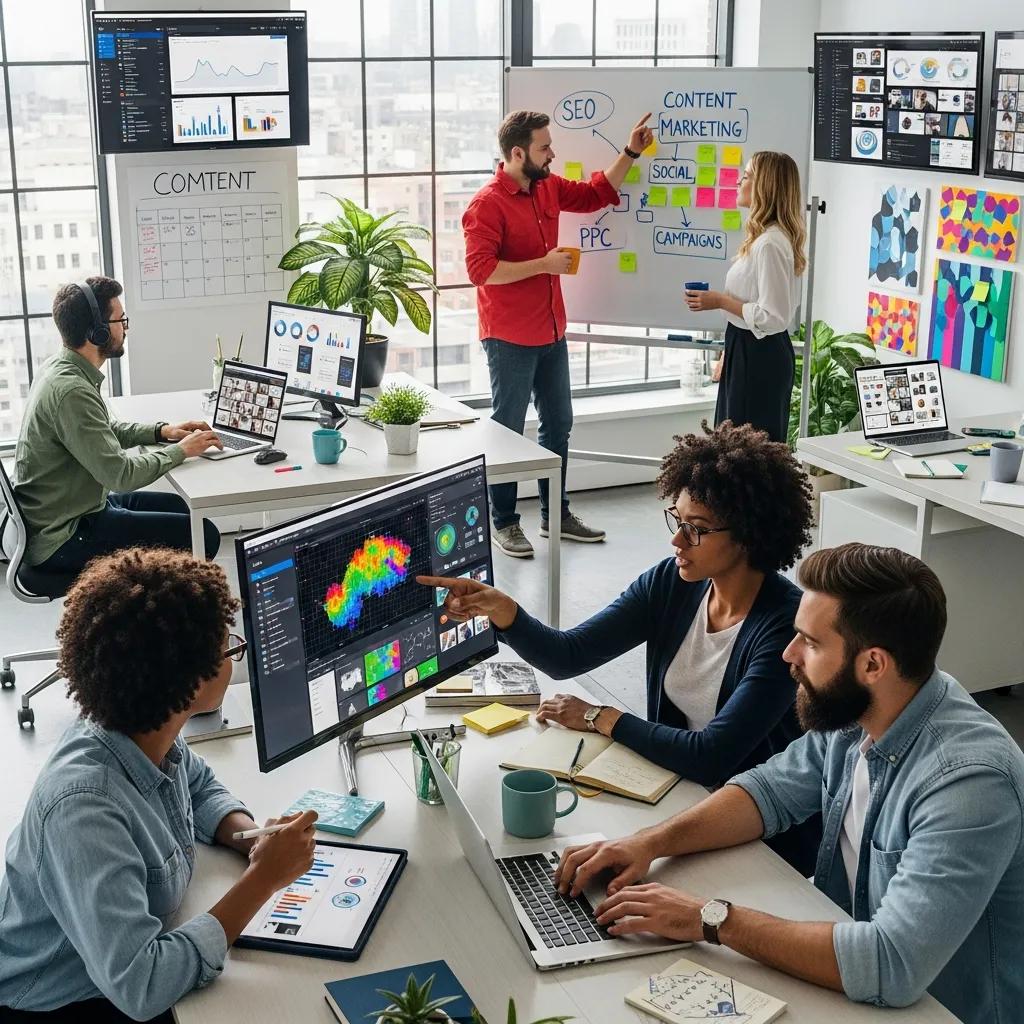 Diverse professionals collaborating on digital marketing strategies in a modern office