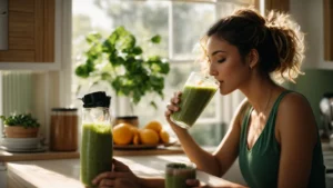 a woman drinks a green smoothie while sitting in a sunlit kitchen.