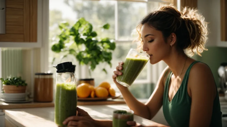 a woman drinks a green smoothie while sitting in a sunlit kitchen.