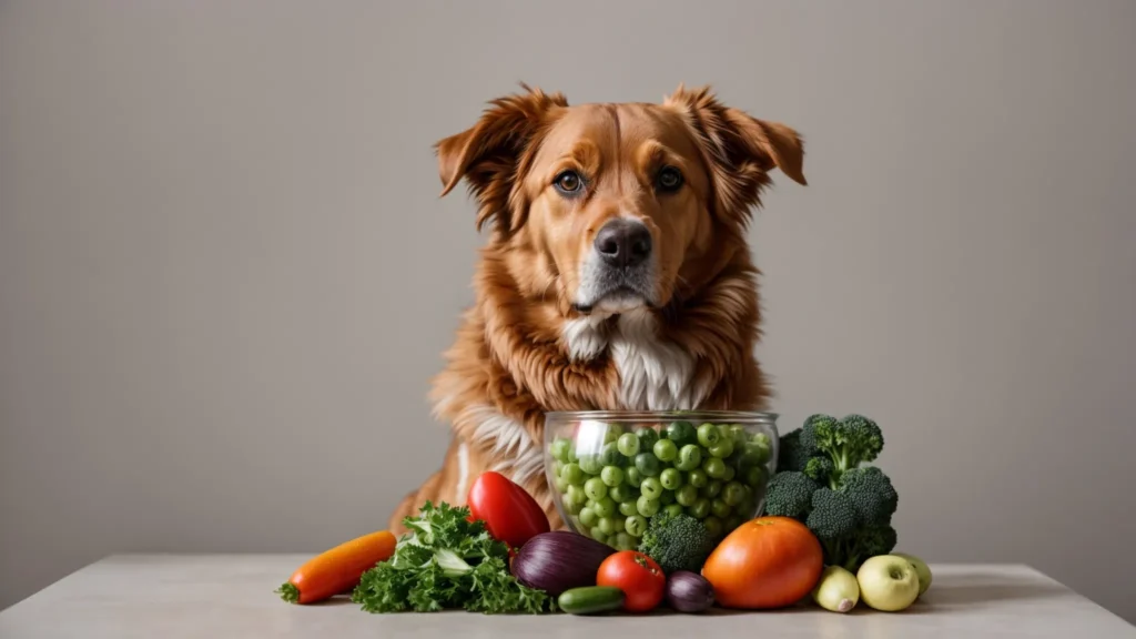 a dog sits attentively beside a bowl filled with various colorful vegetables and capsules.