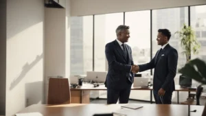 a pair of professionals shaking hands over a desk, symbolizing an agreement on a white label partnership.