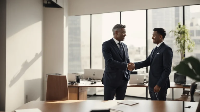 a pair of professionals shaking hands over a desk, symbolizing an agreement on a white label partnership.
