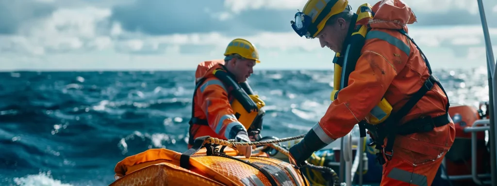 a team of marine safety specialists inspecting and certifying life-saving equipment on a boat anchored at sea.