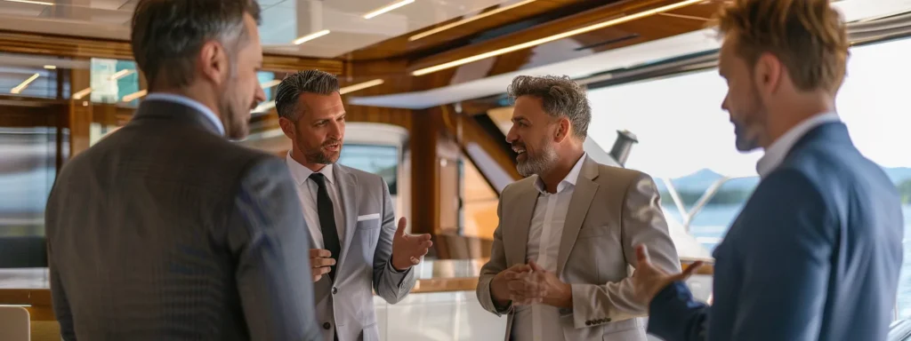 a group of business professionals on a yacht discussing cutting-edge marine safety technology.