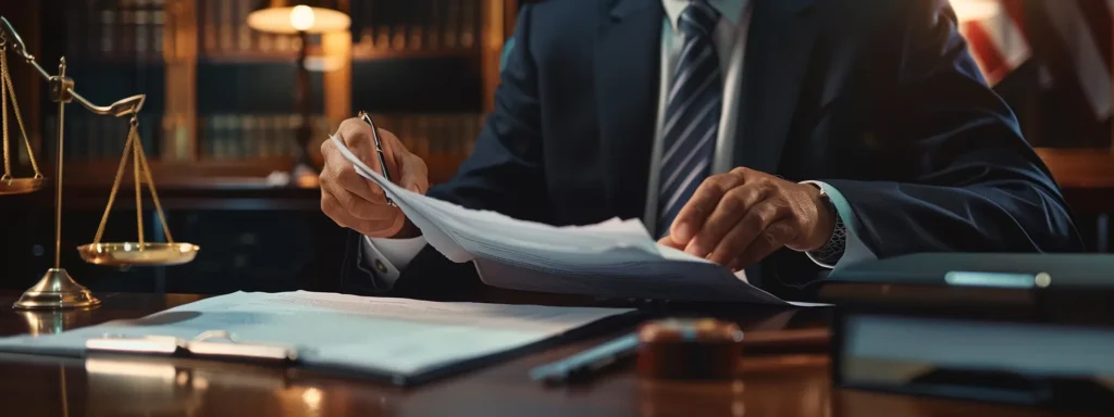 a professional legal advocate poring over legal documents at a desk with a large anchor in the background.
