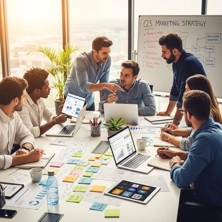 Diverse professionals collaborating on digital marketing strategies in a modern office